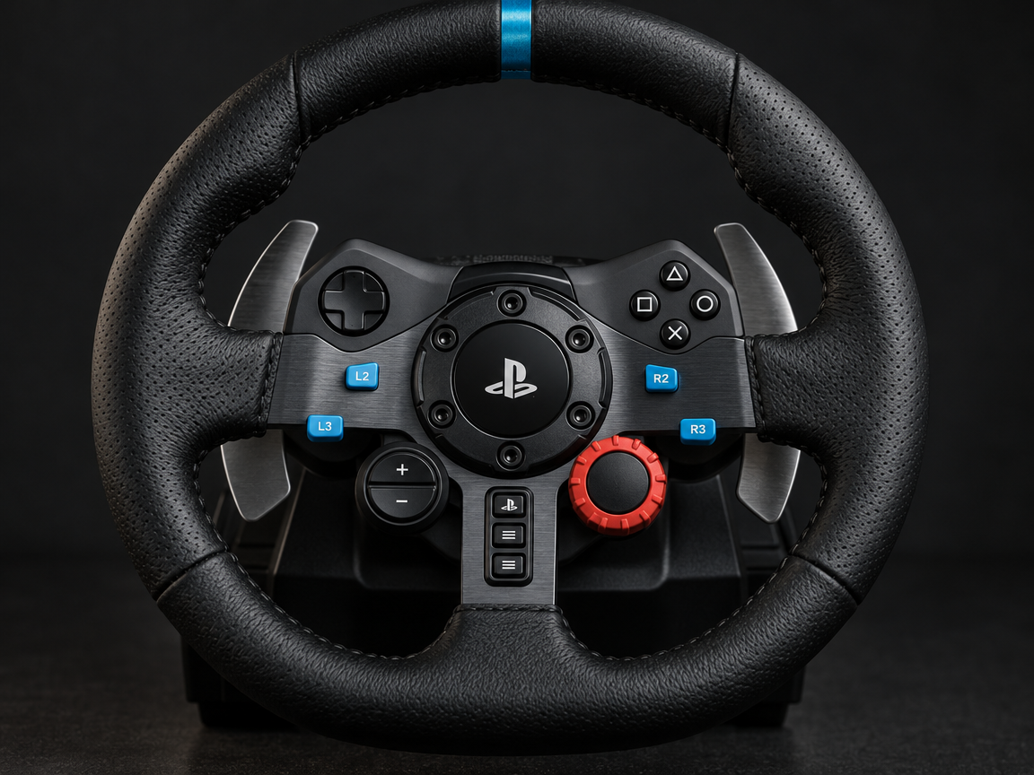 Close-up of the G29 leather wheel and PlayStation controls